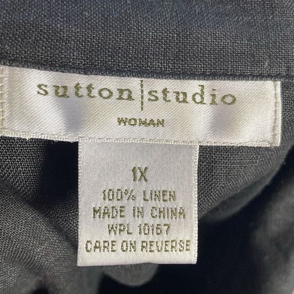 Sutton Studio Shirt Womens 1X Black Linen Roll Tab Button Down Collared - Picture 5 of 8